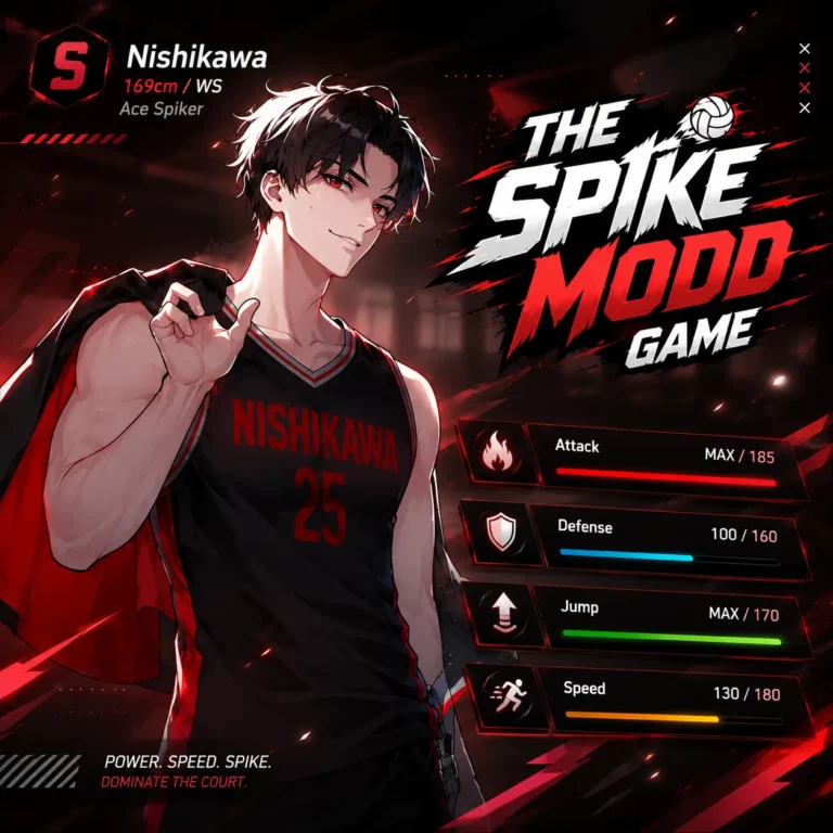 S Plus Rank Nishikawa character performing Thunder Spike in The Spike mobile game